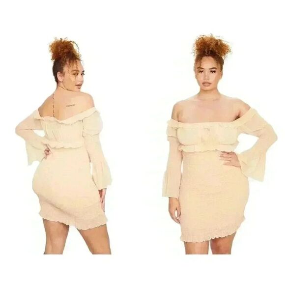 Pretty Little Thing Women's Stone Ivory Chiffon Shirred Body Con Dress NEW - Picture 2 of 16